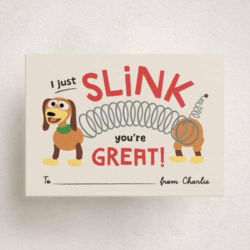 This is a bone kids valentines day cards with standard by Erica Krystek called disney and pixar's i slink printing on signature in standard