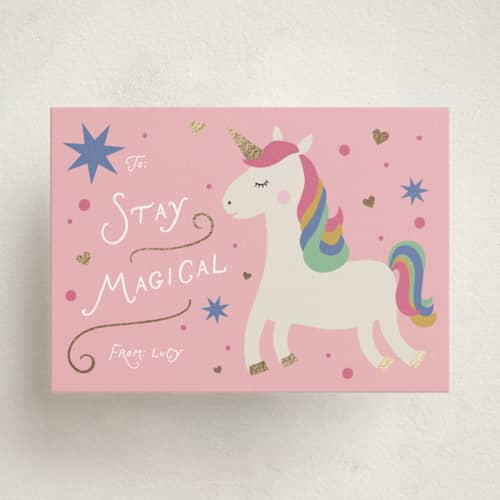 This is a petal kids valentines day cards with foil pressed by Kelly Watkins called stay magical printing on signature in standard