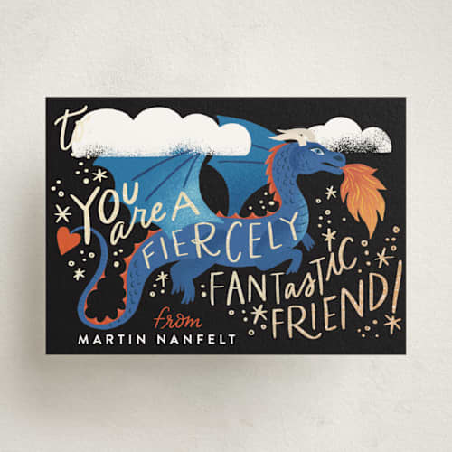 This is a navy kids valentines day cards with foil pressed by Alethea and Ruth called dragon printing on signature in standard