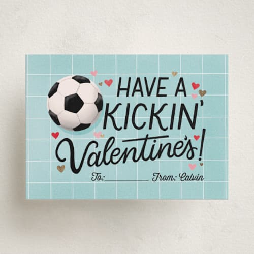 This is a powder blue kids valentines day cards with foil pressed by Meagan Griffin called have a kickin' valentines printing on signature in standard
