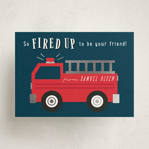 This is a navy kids valentines day cards with foil pressed by Kacey Kendrick Wagner called fired up printing on signature in standard