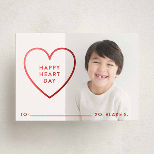 This is a red hot kids valentines day cards with foil pressed by Jessica Ogden called happy heart day printing on signature in standard