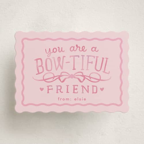 This is a cotton candy kids valentines day cards with standard by Erin L. Wilson called bow-tiful printing on signature in standard