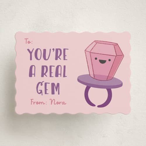 This is a peony kids valentines day cards with foil pressed by Annie Holmquist called you're a gem printing on signature in standard