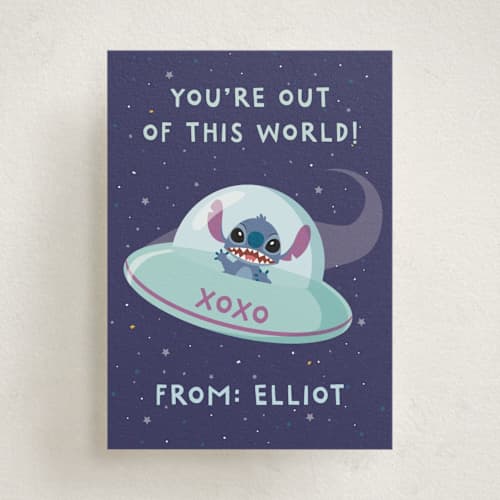 This is a sky kids valentines day cards with standard by Sherley Ferreira called disney's stitch out of this world printing on signature in standard