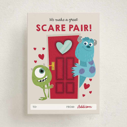 This is a cream kids valentines day cards with standard by Oma N. Ramkhelawan called disney and pixar's the scare pair printing on signature in standard