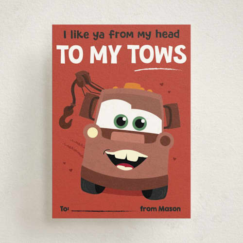 This is a rust kids valentines day cards with standard by Erica Krystek called disney and pixar's cars to my tows printing on signature in standard