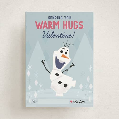 This is a frost kids valentines day cards with standard by Oma N. Ramkhelawan called disney's olaf warm hugs printing on signature in standard