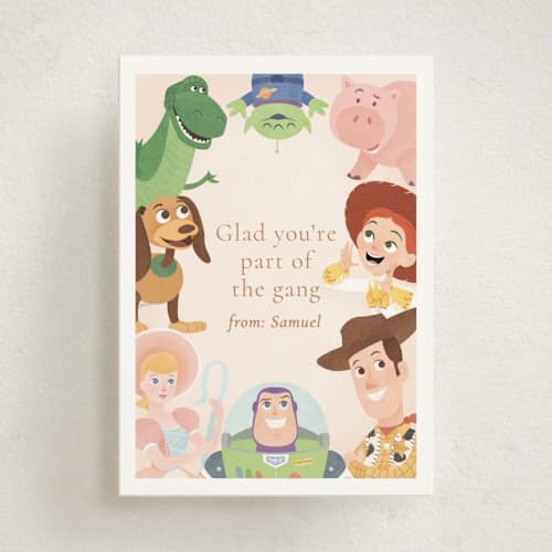 This is a taupe kids valentines day cards with standard by Sabrin Deirani called disney and pixar's toy story friendship printing on signature in standard