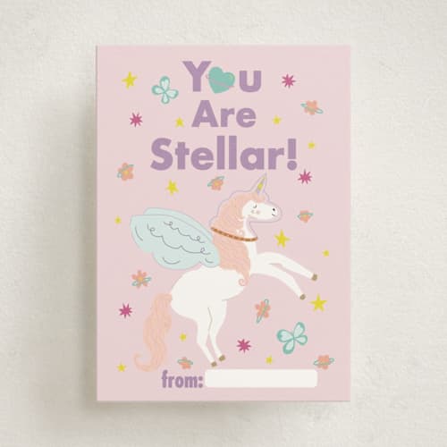 This is a candy kids valentines day cards with standard by Painted Hawk Designs called stellar unicorn valentine printing on signature in standard