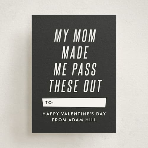 This is a slate kids valentines day cards with standard by Amy Payne called mom made me printing on signature in standard