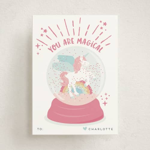 This is a candy kids valentines day cards with standard by peetie design called magic glitter unicorn printing on signature in standard