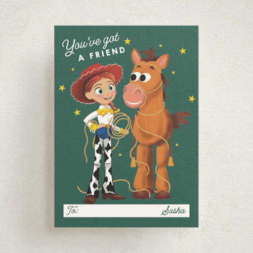 This is a forest kids valentines day cards with standard by Becky Nimoy called disney and pixar's jessie and bullseye friendship printing on signature in standard