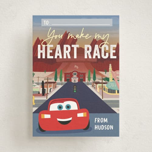 This is a asphalt kids valentines day cards with standard by Erica Krystek called disney and pixar's cars heart race printing on signature in standard