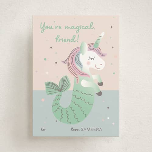 This is a mint kids valentines day cards with standard by Kanika Mathur called magical friend printing on signature in standard