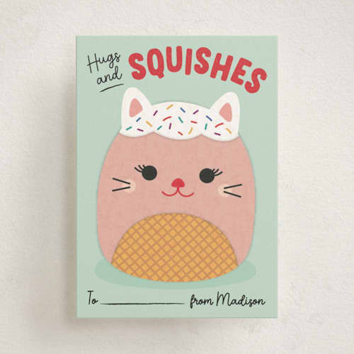 This is a mint kids valentines day cards with standard by Erica Krystek called hugs & squishes printing on signature in standard