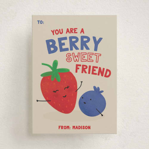 This is a sand kids valentines day cards with standard by Faith Dorn called berry berry printing on signature in standard