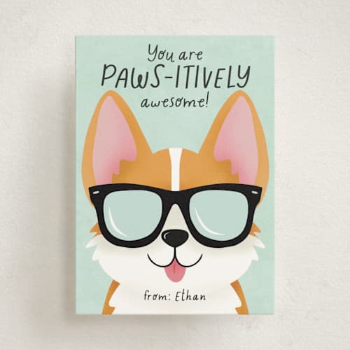 This is a seafoam kids valentines day cards with standard by Randi Cirelli called pawsitively awesome printing on signature in standard