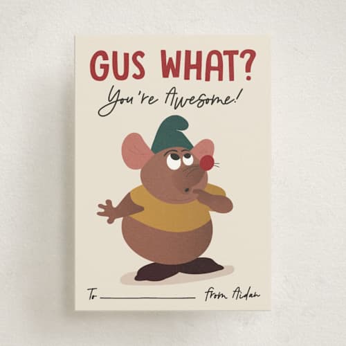 This is a white cheddar kids valentines day cards with standard by Erica Krystek called disney's cinderella gus what? printing on signature in standard