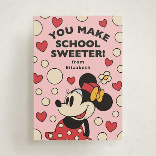 This is a blush kids valentines day cards with standard by Heather Schertzer called disney's vintage minnie printing on signature in standard
