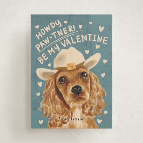 This is a turquoise kids valentines day cards with standard by Namibear Art Studio called howdy paw-tner printing on signature in standard
