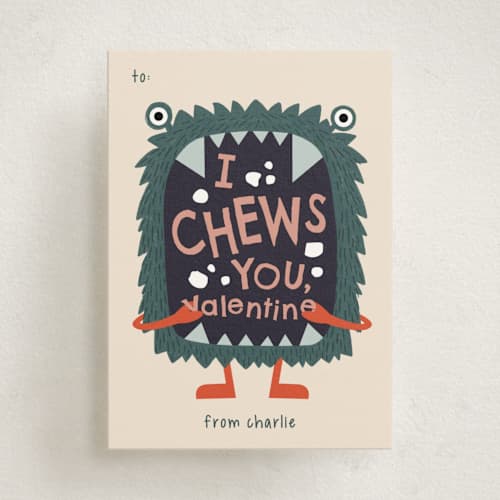 This is a hunter kids valentines day cards with standard by JeAnna Casper called chews printing on signature in standard