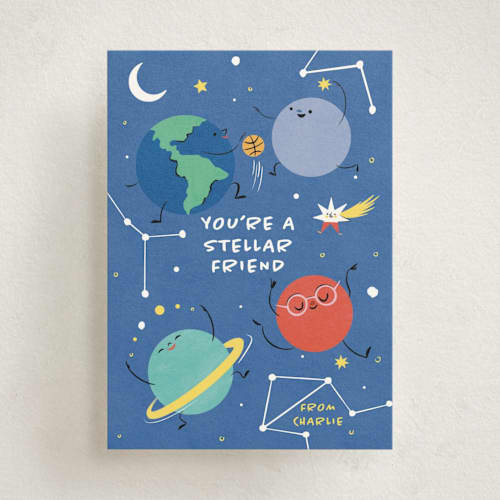 This is a cobalt kids valentines day cards with standard by Sabrin Deirani called a stellar friend printing on signature in standard