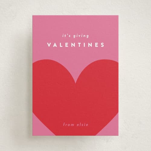 This is a hot pink kids valentines day cards with standard by Erin L. Wilson called vibes printing on signature in standard