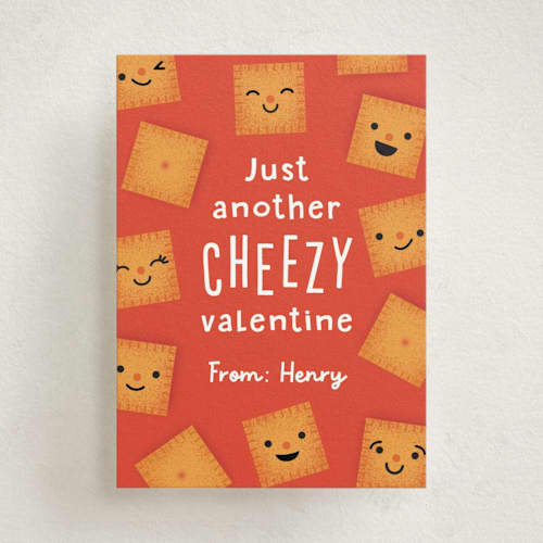 This is a peach kids valentines day cards with standard by Annie Holmquist called cheezy printing on signature in standard