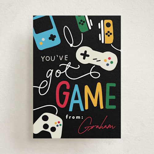 This is a late night kids valentines day cards with standard by Erin L. Wilson called you've got game printing on signature in standard