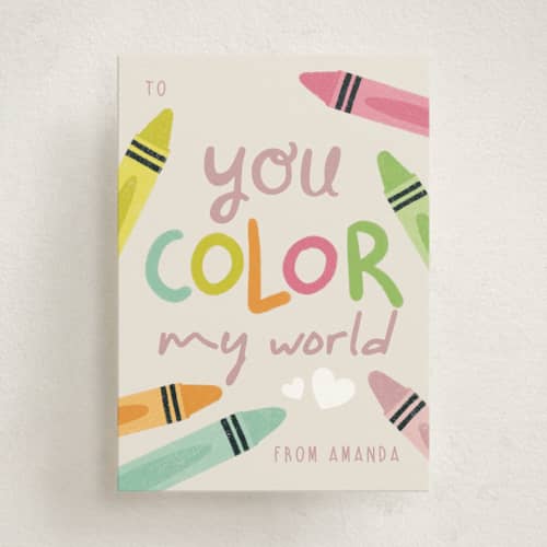This is a rainbow kids valentines day cards with standard by Orasie called you color my world printing on signature in standard