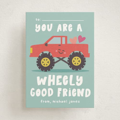 This is a seafoam kids valentines day cards with standard by Creo Study called wheely good friend printing on signature in standard
