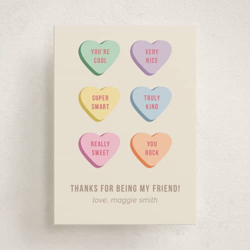 This is a cream kids valentines day cards with standard by taylorVdesign called conversation heart compliments printing on signature in standard