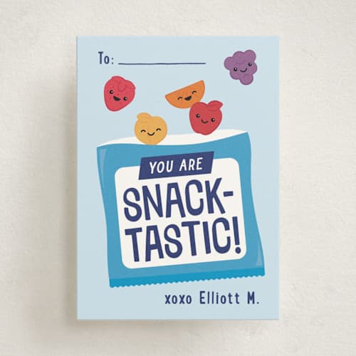 This is a blueberry kids valentines day cards with standard by Kacey Kendrick Wagner called fruit snacks printing on signature in standard