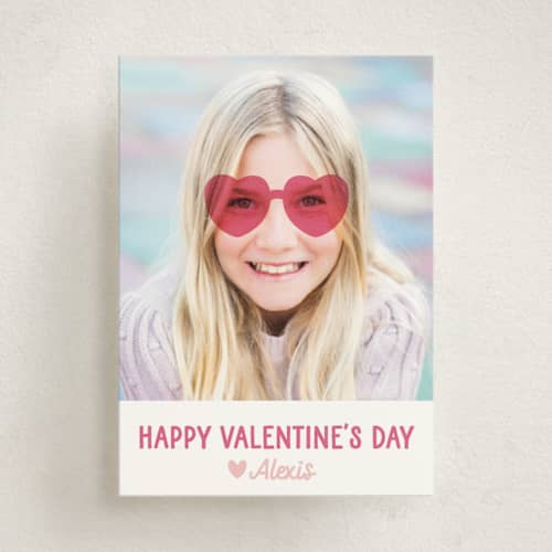 This is a magenta kids valentines day cards with standard by Jessie Steury called heart glasses printing on signature in standard