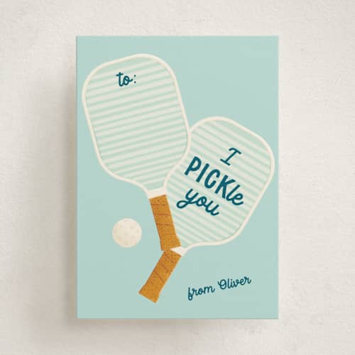 This is a sky kids valentines day cards with standard by Gwen Bedat called pickle printing on signature in standard
