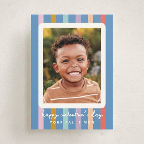 This is a periwinkle kids valentines day cards with standard by Carrie Moradi called rainbow stripes printing on signature in standard