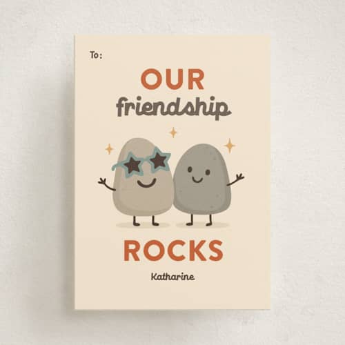 This is a vanilla kids valentines day cards with standard by Jess Rosa Beck called our friendship rocks printing on signature in standard