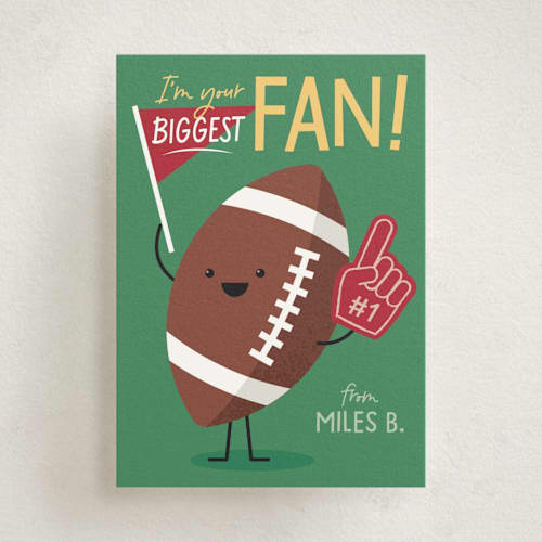 This is a crimson kids valentines day cards with standard by Kacey Kendrick Wagner called football fan printing on signature in standard