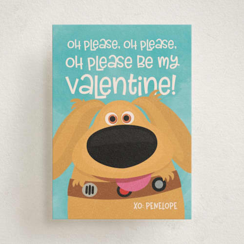 This is a sky kids valentines day cards with standard by Shannon Kohn called disney and pixar's valentine dug printing on signature in standard