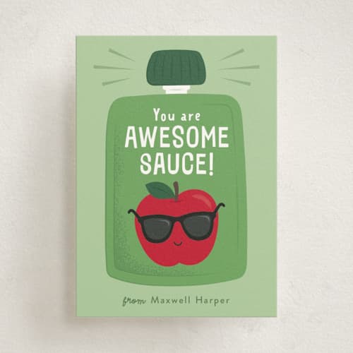 This is a granny smith kids valentines day cards with standard by Kacey Kendrick Wagner called awesome applesauce printing on signature in standard