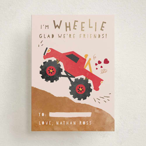 This is a berry kids valentines day cards with foil pressed by Kanika Mathur called wheelie truck printing on signature in standard