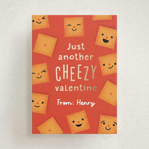 This is a peach kids valentines day cards with foil pressed by Annie Holmquist called cheezy printing on signature in standard