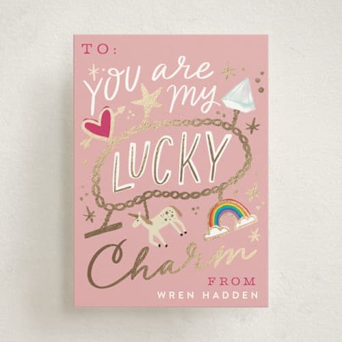 This is a carnation kids valentines day cards with foil pressed by Alethea and Ruth called lucky charm printing on signature in standard