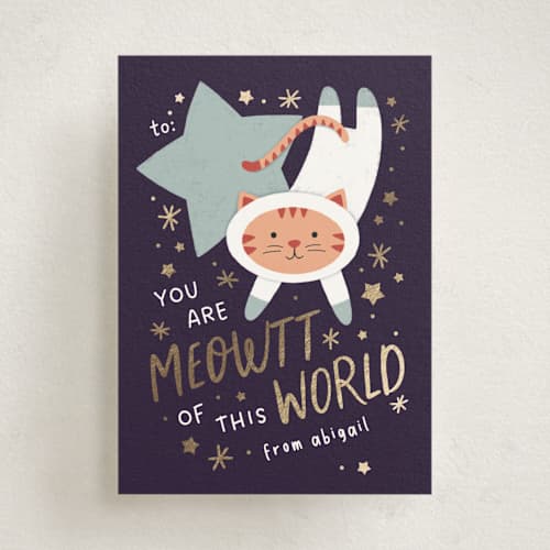 This is a pool kids valentines day cards with foil pressed by JeAnna Casper called meowtt of this world printing on signature in standard