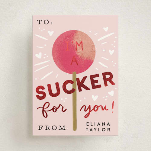 This is a rose kids valentines day cards with foil pressed by Alethea and Ruth called sucker for you printing on signature in standard