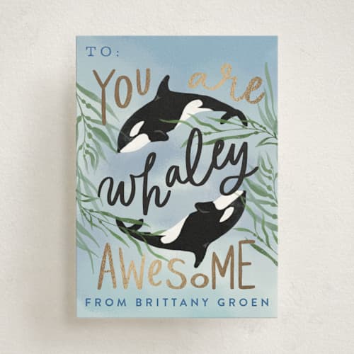 This is a whales kids valentines day cards with foil pressed by Alethea and Ruth called whaley awesome printing on signature in standard
