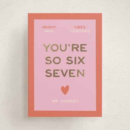 This is a peach kids valentines day cards with foil pressed by Ani Somi called sixseven printing on signature in standard