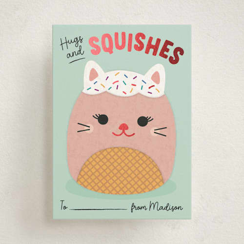 This is a mint kids valentines day cards with foil pressed by Erica Krystek called hugs & squishes printing on signature in standard