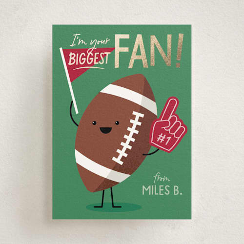 This is a crimson kids valentines day cards with foil pressed by Kacey Kendrick Wagner called football fan printing on signature in standard